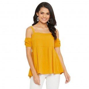 Mustard Solid Off Shoulder Puff Sleeves Bardot Top Mustard Solid Off Shoulder Puff Sleeves Bardot Top