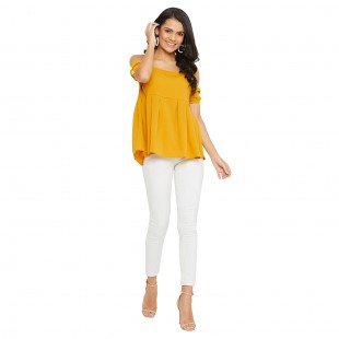 Mustard Solid Off Shoulder Puff Sleeves Bardot Top Mustard Solid Off Shoulder Puff Sleeves Bardot Top