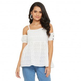 White Schiffli Off Shoulder Puff Sleeves Bardot top  White Schiffli Off Shoulder Puff Sleeves Bardot top