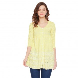 Women Yellow Schiffli A-Line Flared Top  Women Yellow Schiffli A-Line Flared Top