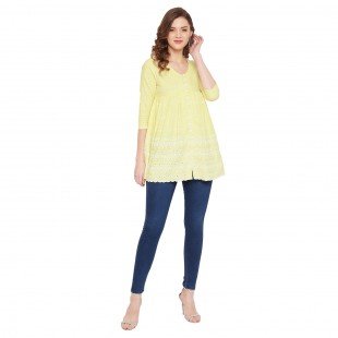 Women Yellow Schiffli A-Line Flared Top  Women Yellow Schiffli A-Line Flared Top