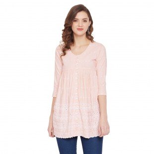 Women Peach Schiffli A-Line Flared Top Women Peach Schiffli A-Line Flared Top