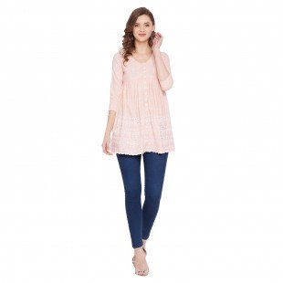 Women Peach Schiffli A-Line Flared Top Women Peach Schiffli A-Line Flared Top