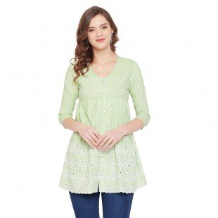 Women Lime Green Schiffli A-Line Flared Top  Women Lime Green Schiffli A-Line Flared Top
