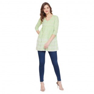 Women Lime Green Schiffli A-Line Flared Top  Women Lime Green Schiffli A-Line Flared Top