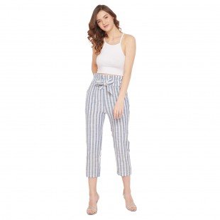 Women Blue and White Stripe Paper-Bag Trouser Women Blue and White Stripe Paper-Bag Trouser
